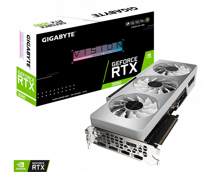 Конструкция системы охлаждения видеокарты Gigabyte GeForce RTX 3080 Vision OC включает три вентилятора